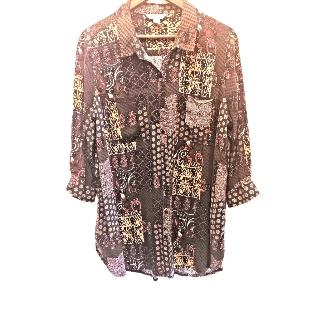 Khakis & Co XL Patchwork Boho Button Front Rayon Blouse 3/4 Sleeve Shirt